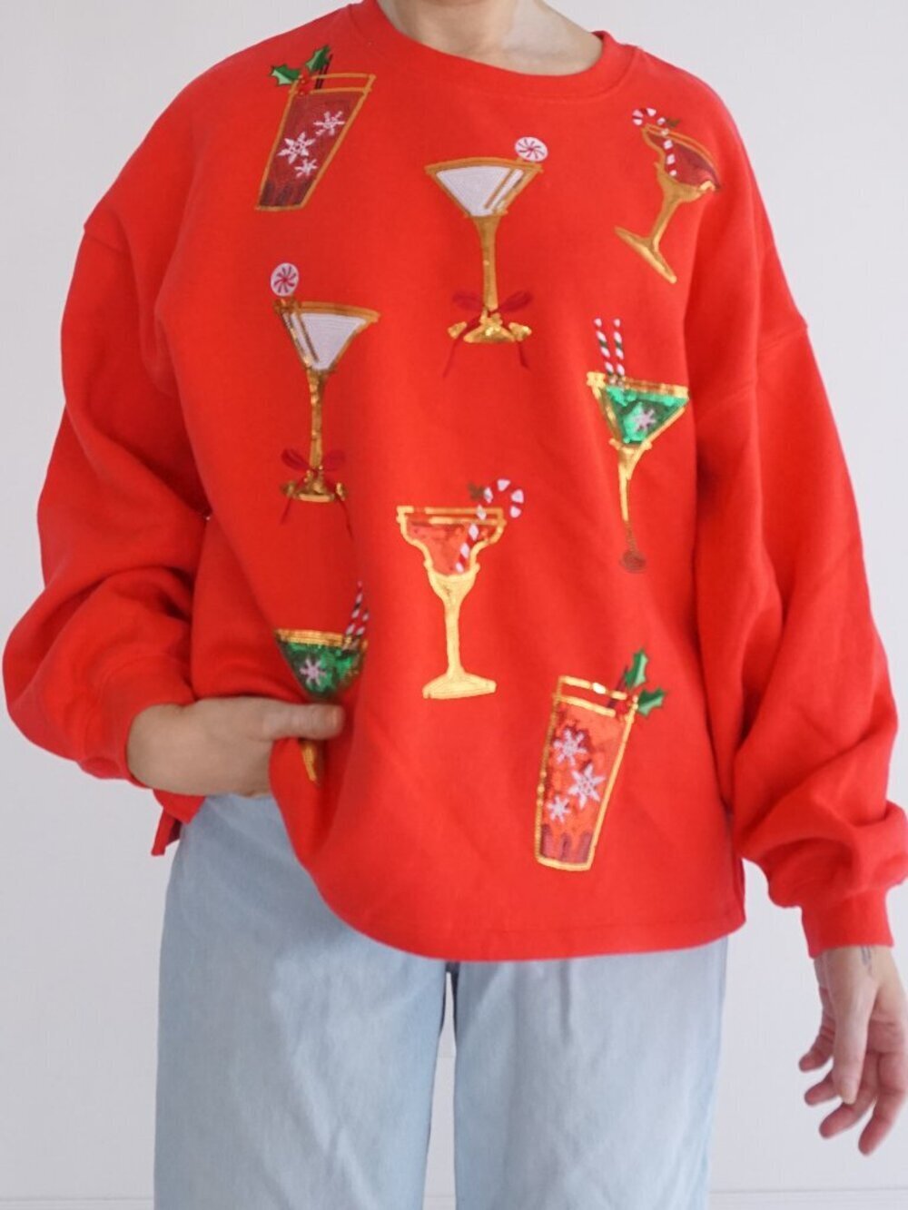 Vintage State Of Mind Red Martini Cocktail Sequin Embroidered Sweatshirt M